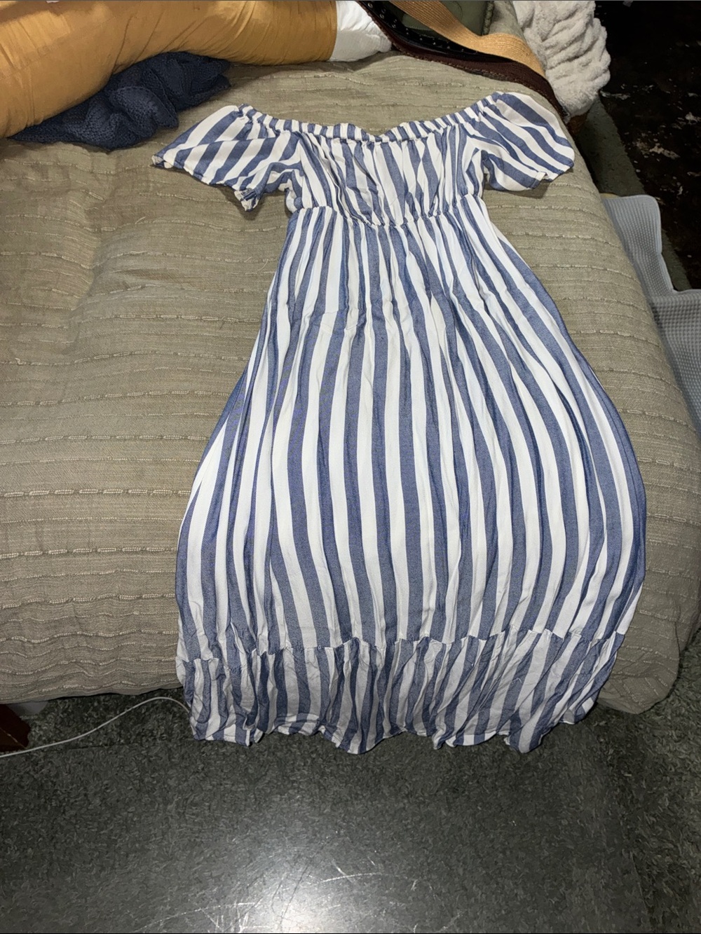 Isabel Maternity by Ingrid & Isabel Navy and White Off-Shoulder Maxi Dress